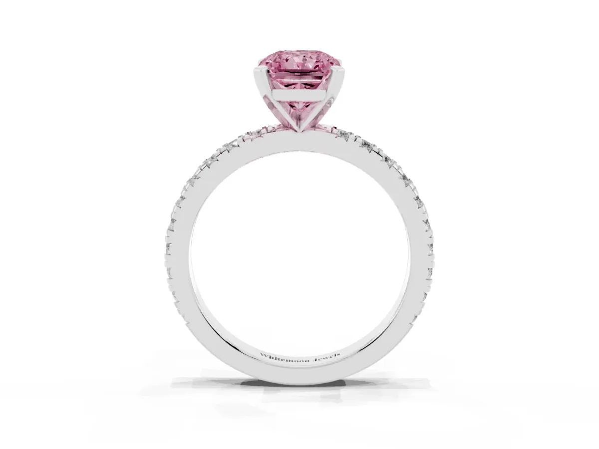 Fancy Pink Radiant Cut Diamond Pavé Band Solitaire with Four-Prong Setting Silver