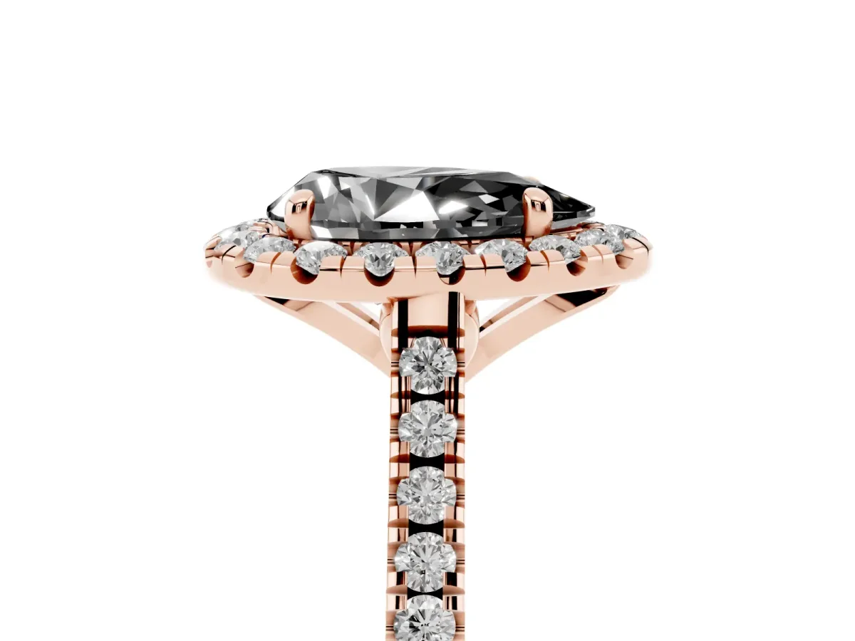 Fancy Black Pear Cut Diamond Cushion Halo Ring with Pavé Band Rose gold