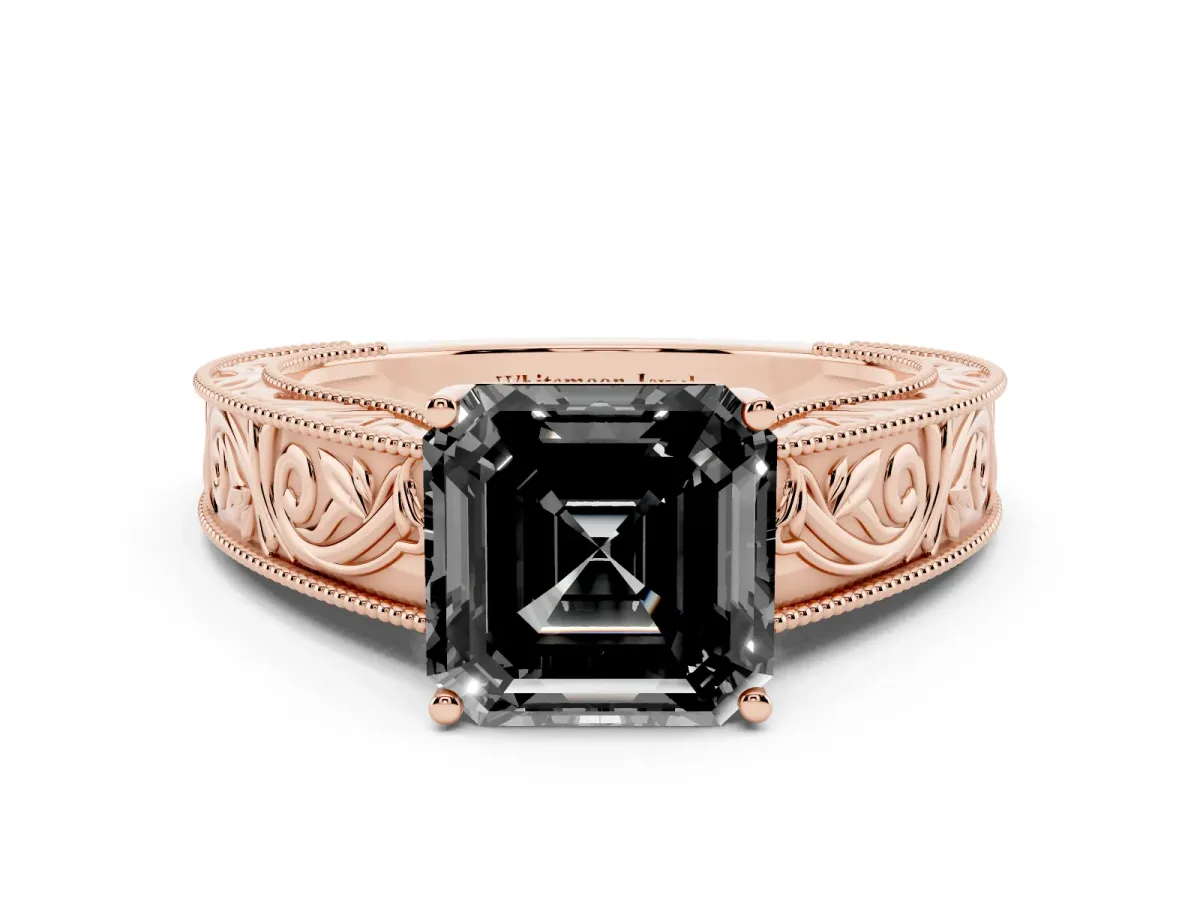 Fancy Black Asscher Cut Diamond Solitaire Ring with Engraved Band and Four-Prong Setting Rose gold