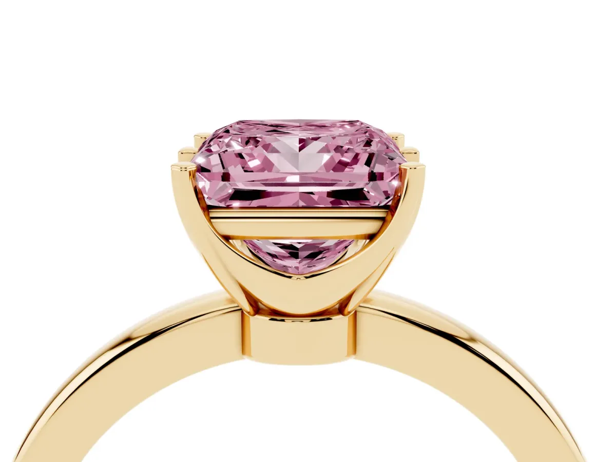 Fancy Pink Princess Cut Solitaire Diamond Ring with Six-Prong Setting on a Classic Band Yellow gold