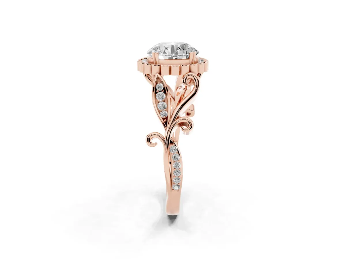 Round Cut Diamond Halo Ring with Vintage Split Shank and Four-Prong Setting Rose gold
