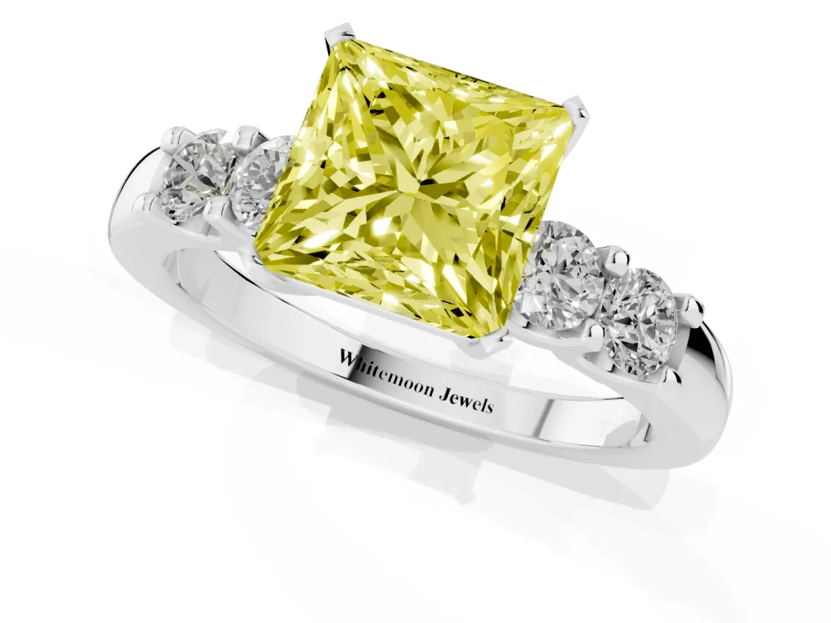 Fancy Yellow Princess Cut Brilliant Cut Diamond Five-Stone Prong Set Engagement Ring with Channel Band White gold