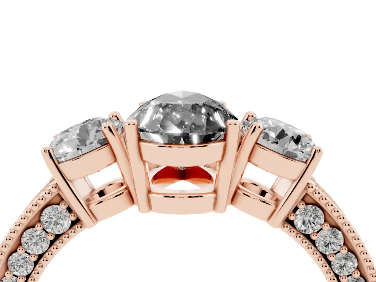 Fancy Black Pear Cut Three-Stone Diamond Ring with Pavé Band and Four-Prong Setting Rose gold