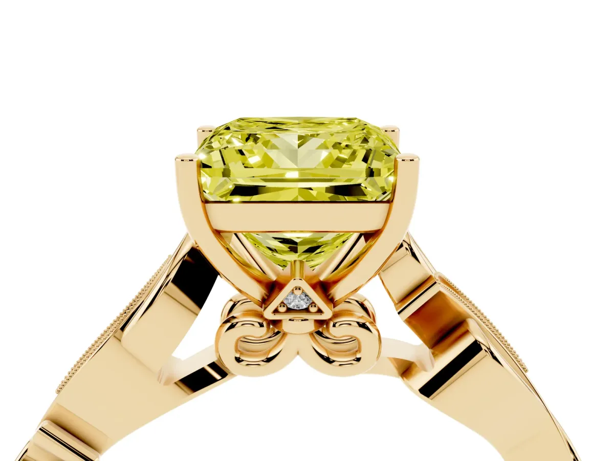 Fancy Yellow Princess Cut Solitaire Vine Band with Milgrain Prong Setting Yellow gold