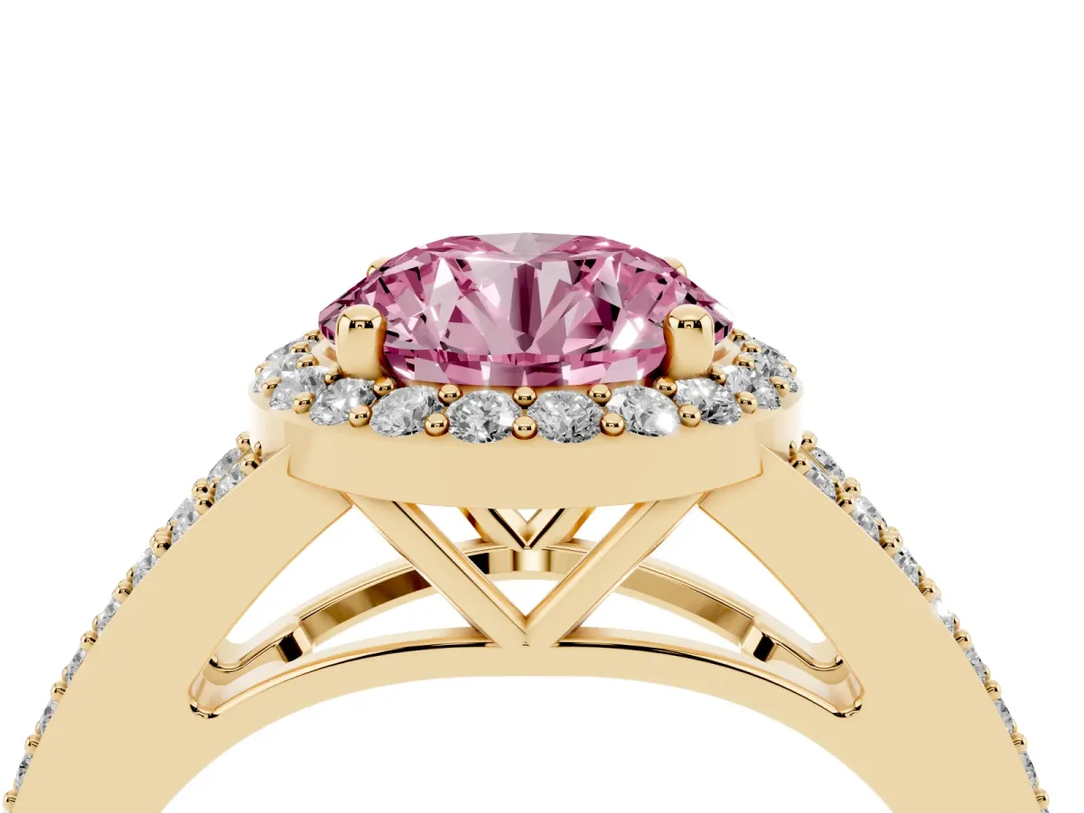 Fancy Pink Round Cut Halo Split Shank Diamond Ring with Prong Setting Yellow gold