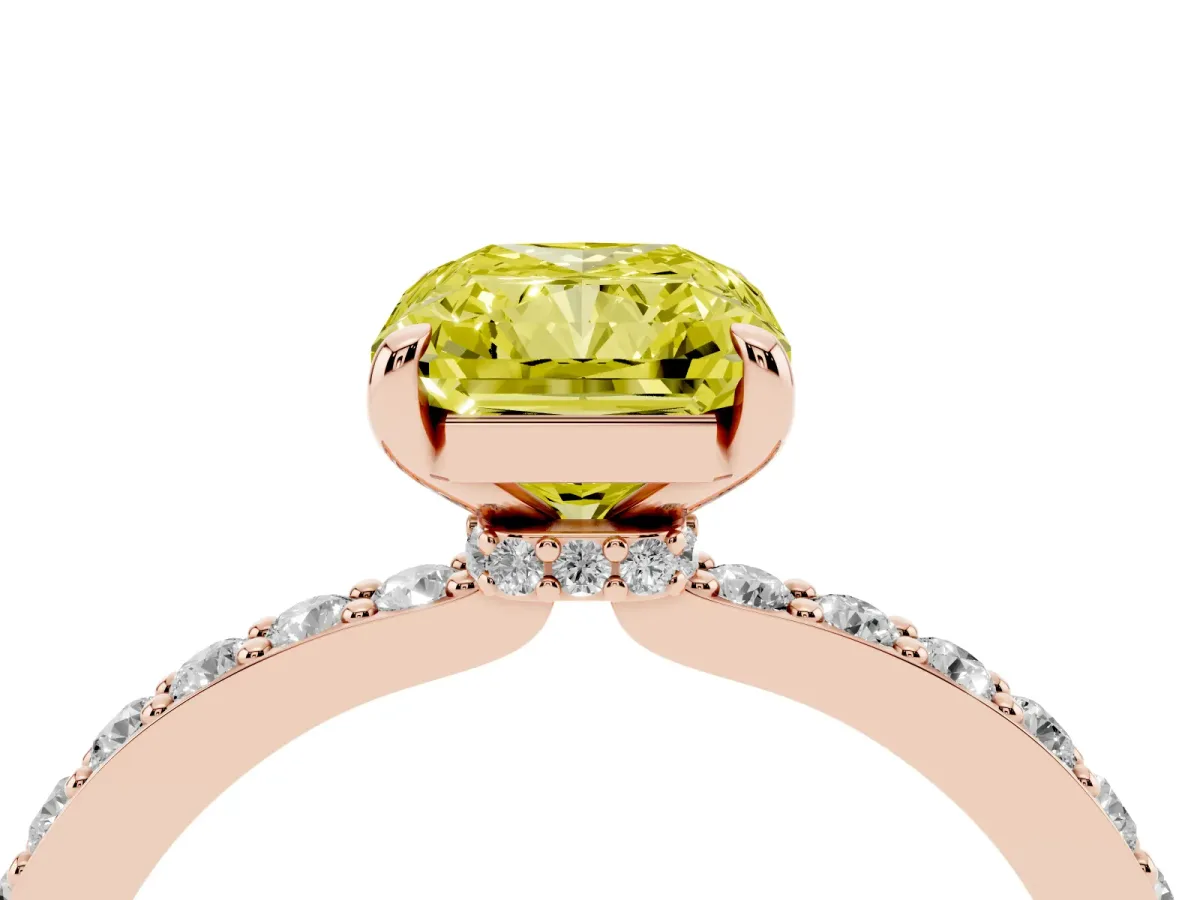 Fancy Yellow Radiant Cut Diamond Pavé Engagement Ring with Round Accents and Prong Setting Rose gold