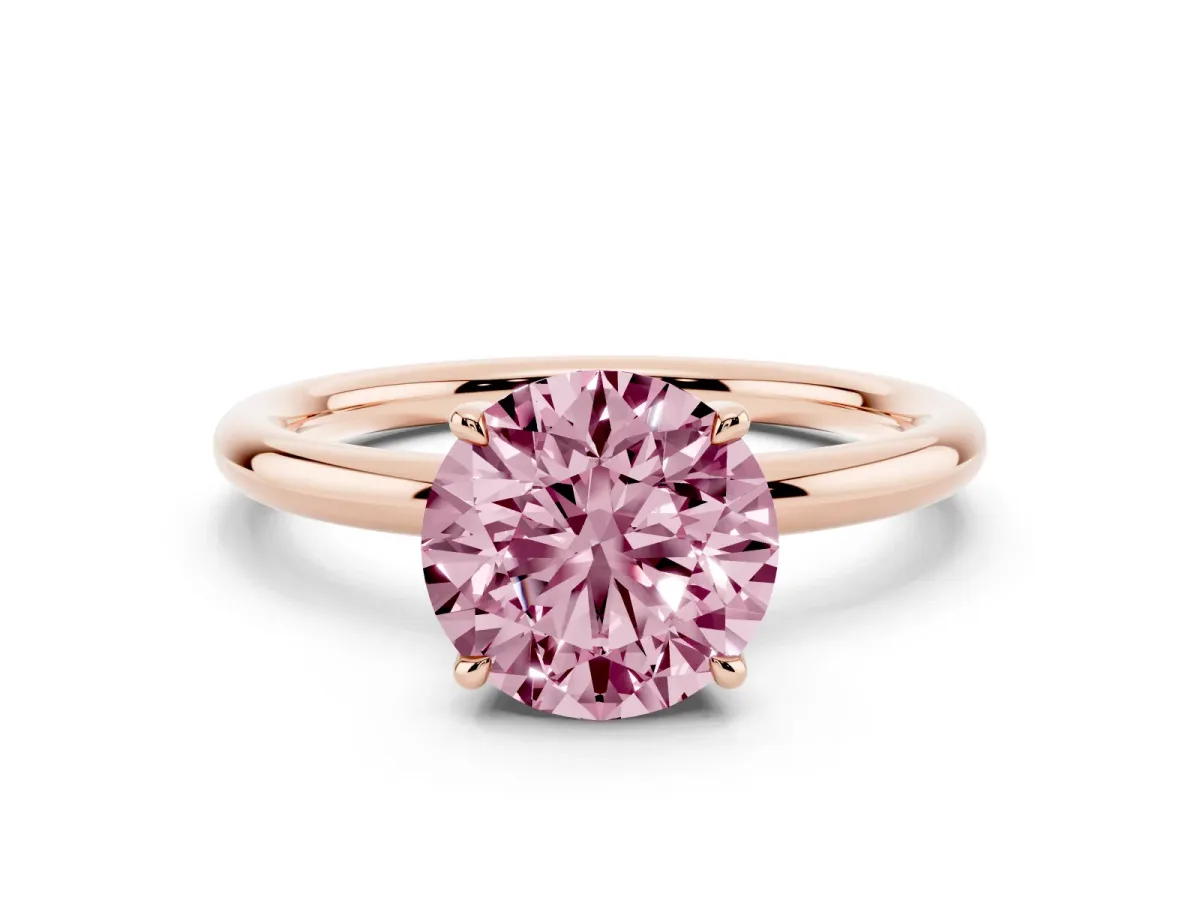 Fancy Pink Round Cut Diamond Solitaire Ring with Thin Band and Four-Prong Setting Rose gold