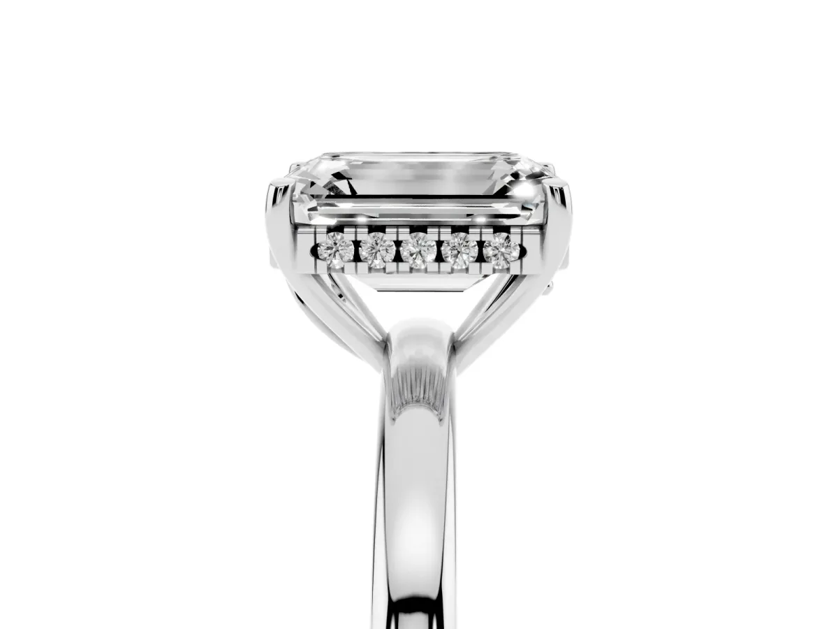 Emerald Cut Solitaire Diamond Ring with Prong Setting and Plain Band Silver