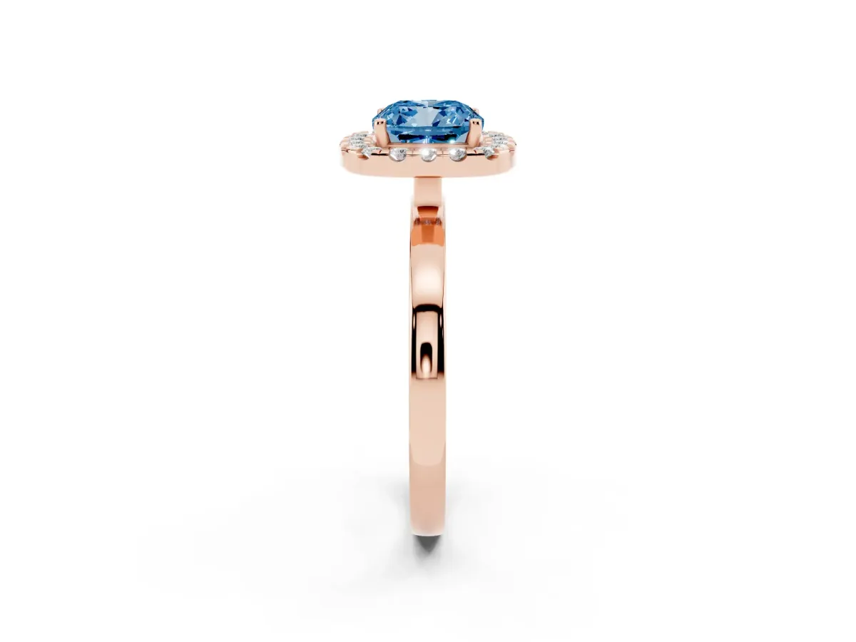 Fancy Blue Cushion Cut Halo Diamond Solitaire with Pavé Band and Four-Prong Setting Rose gold