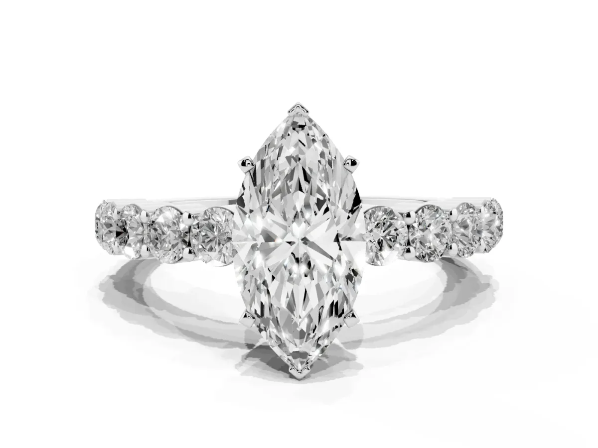 Marquise Cut Diamond Solitaire Ring with Shared Prong Round Side Stones Silver