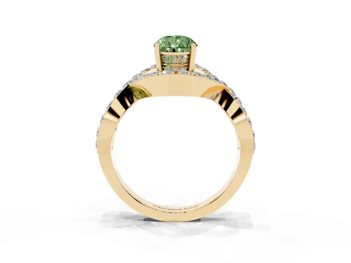 Fancy Green Pear Cut Solitaire Twist Band Pavé Diamond Engagement Ring Yellow gold
