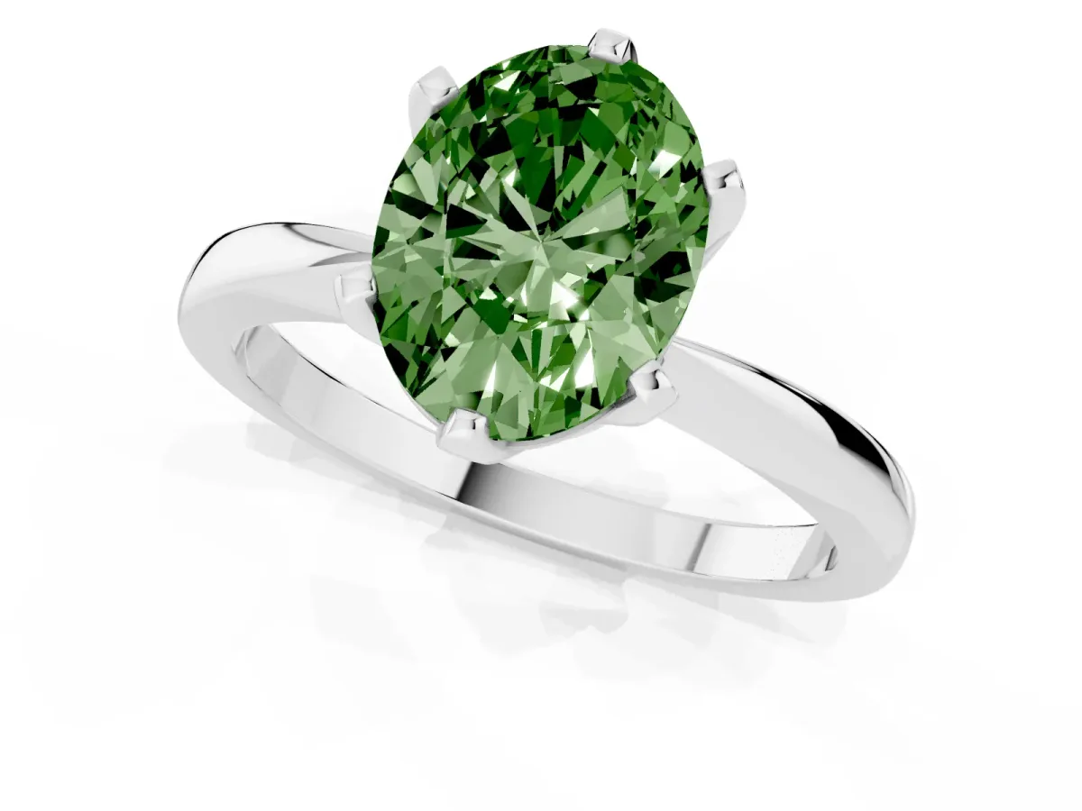 Fancy Green Oval Cut Solitaire Engagement Ring with Six-Prong Setting and Tapered Band Platinum