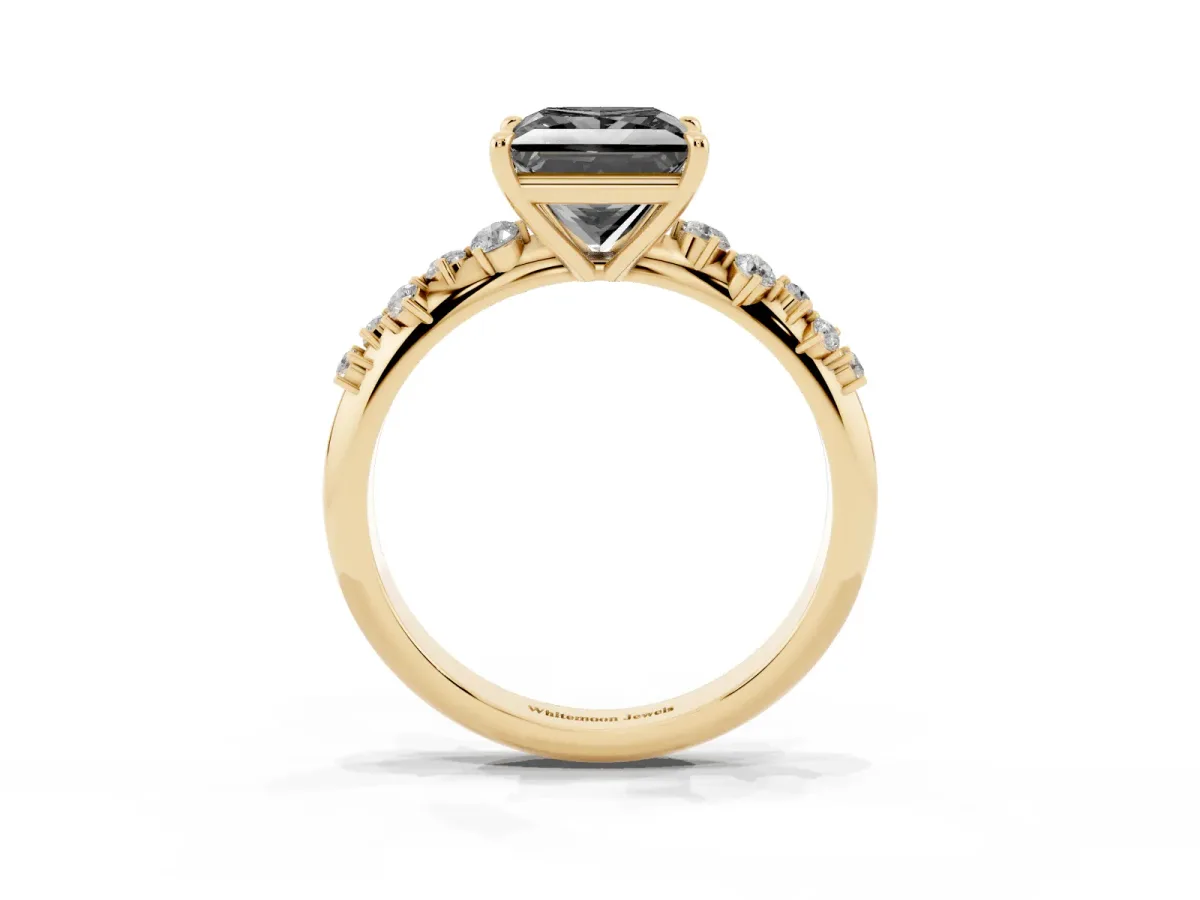Fancy Black Princess Cut Diamond Cluster Side Stone Solitaire Ring with Prong Setting Yellow gold