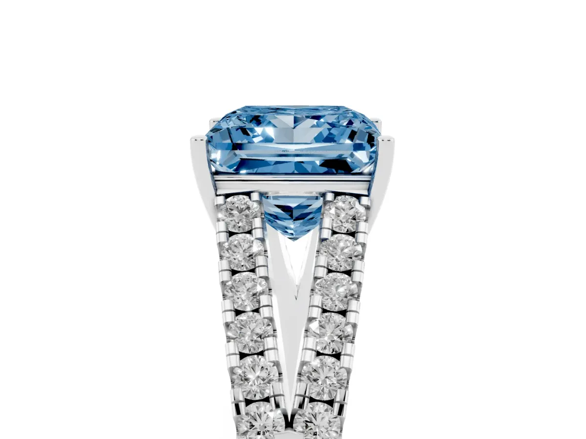 Fancy Blue Princess Cut Diamond Split Shank Engagement Ring with Round Pavé and Prong Setting Platinum