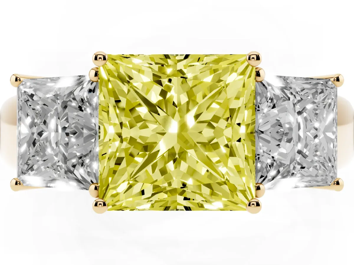 Fancy Yellow Three-Stone Princess Cut Cut Diamond Ring with Prong Setting and Classic Band Yellow gold