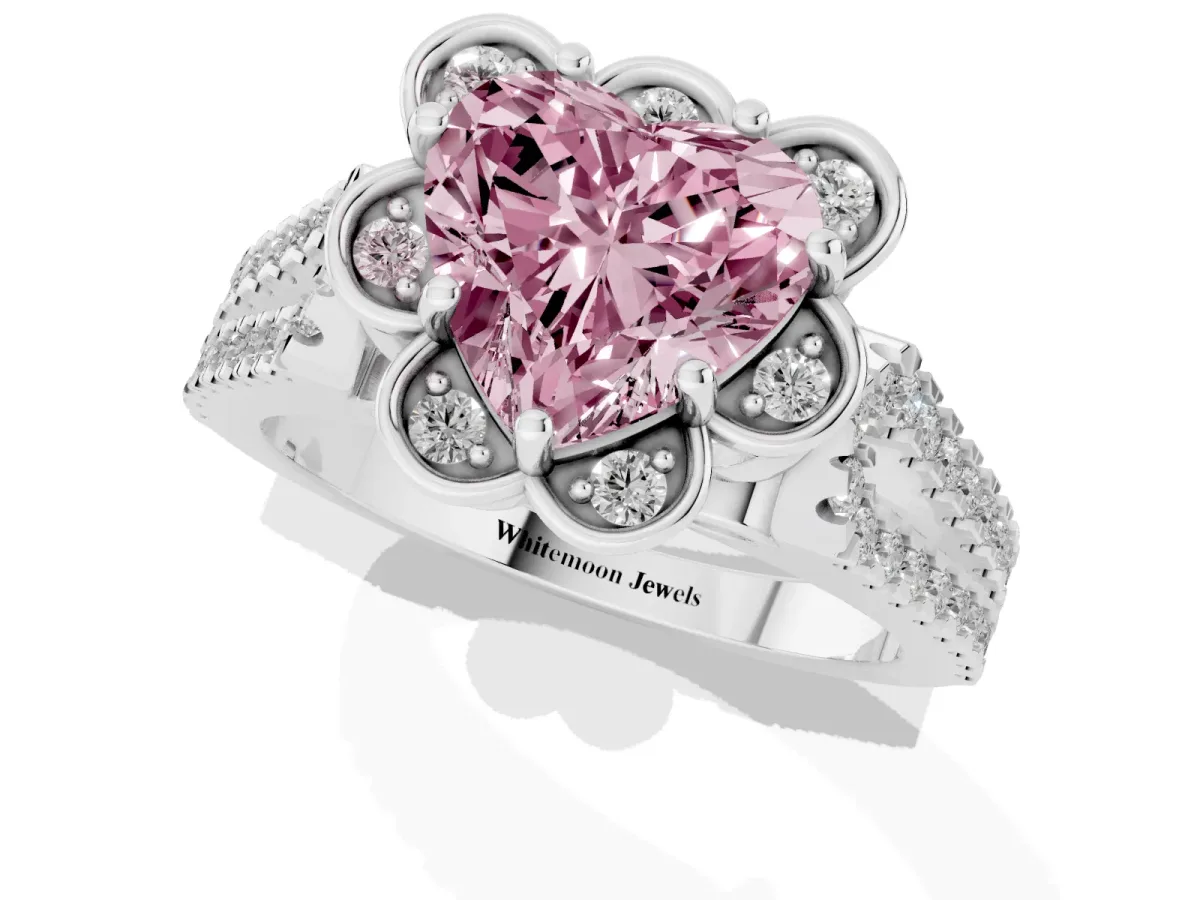 Fancy Pink Heart Cut Halo Diamond Floral Split Shank Engagement Ring Silver