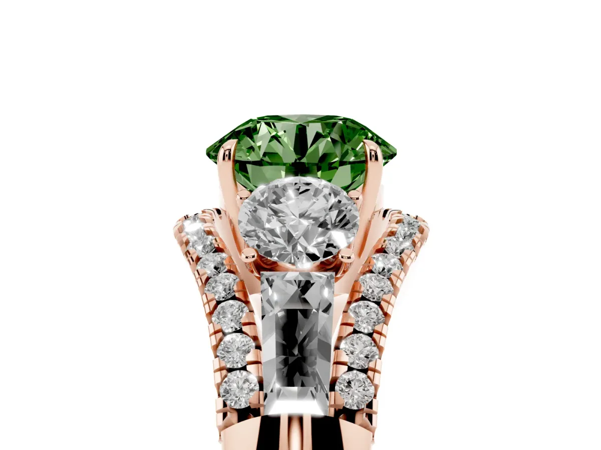 Fancy Green Three-Stone Round Cut Diamond Engagement Ring with Pave Band and Prong Setting Rose gold