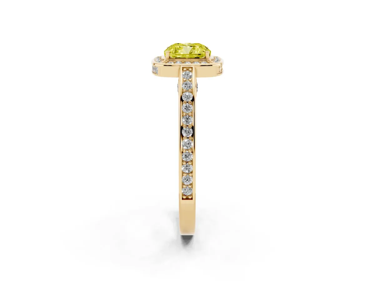 Fancy Yellow Cushion Cut Cut Halo Pave Split Shank Prong Setting Ring Yellow gold