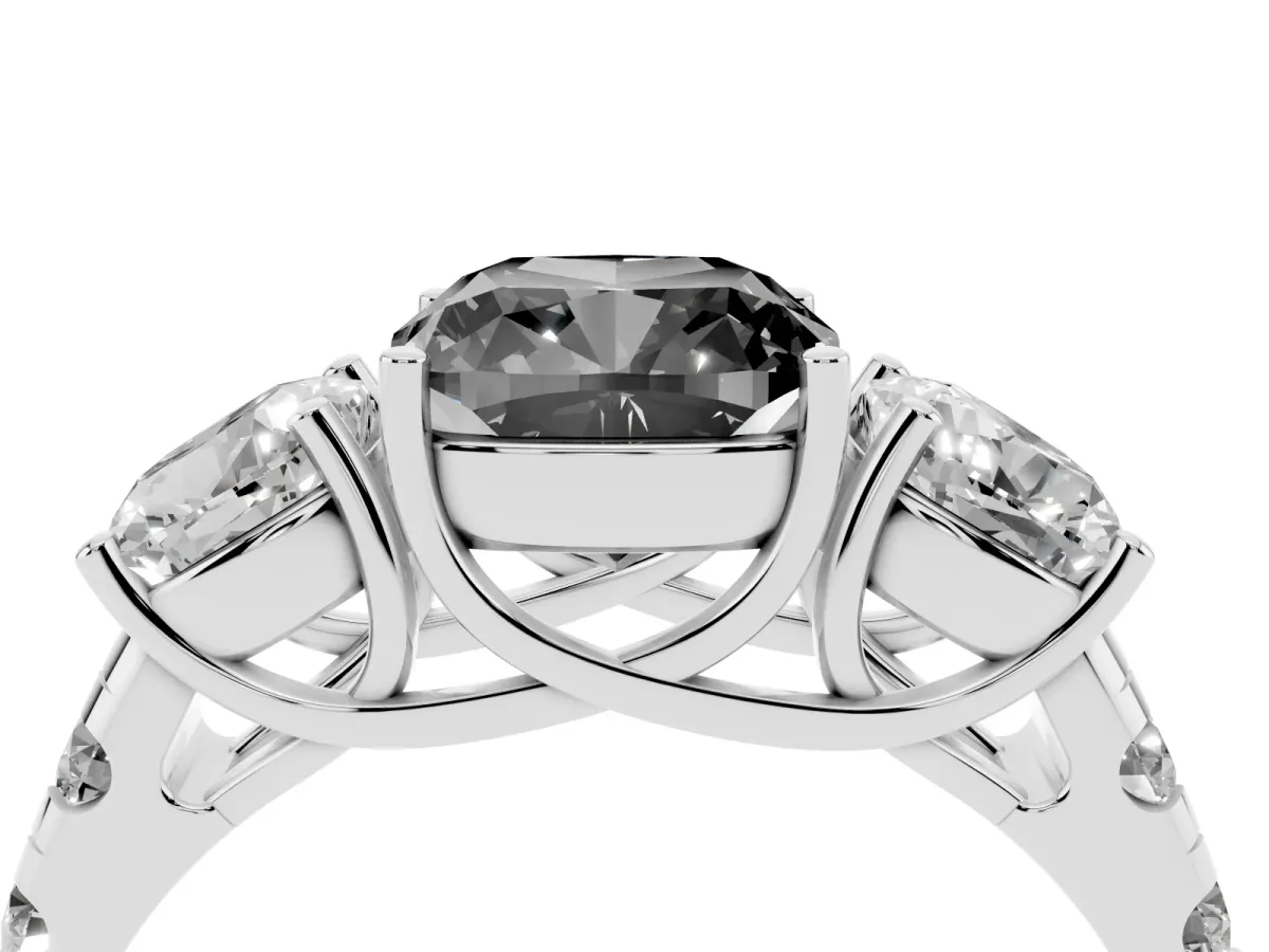 Fancy Black Three-Stone Cushion Cut Diamond Pavé Band with Prong Setting Platinum