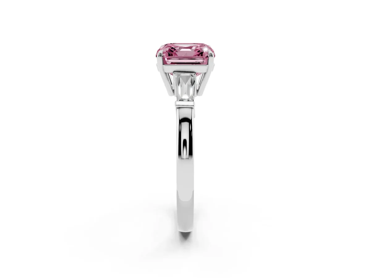 Fancy Pink Asscher Cut Diamond Three-Stone Ring with Tapered Baguette Side Stones and Prong Setting White gold