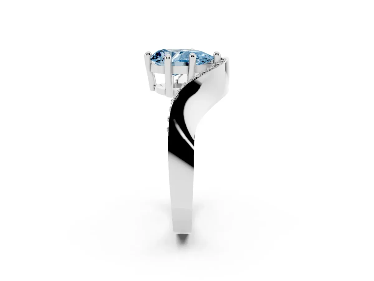 Fancy Blue Pear Cut Solitaire Diamond Engagement Ring with Pave Band and Four-Prong Setting Silver