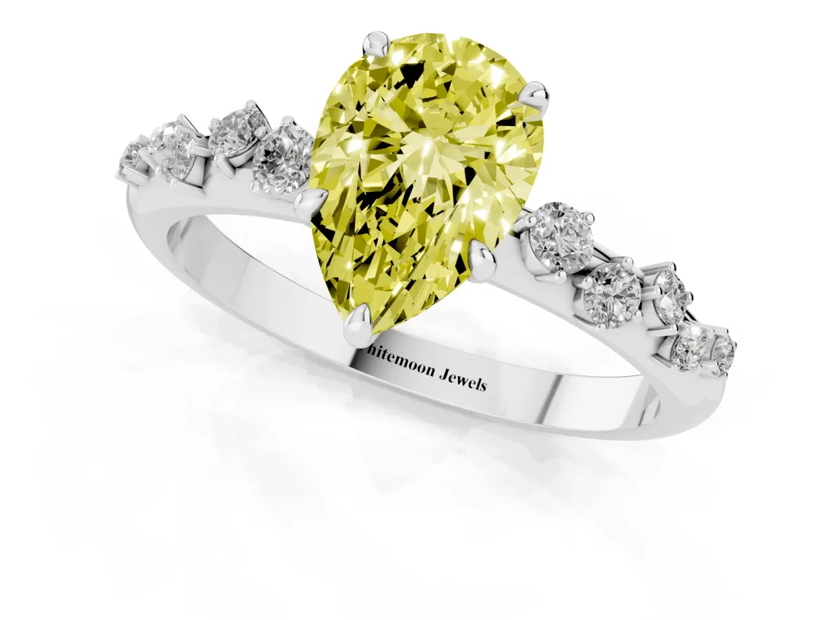 Fancy Yellow Pear Cut Diamond Cluster Prong-Set Solitaire Ring White gold