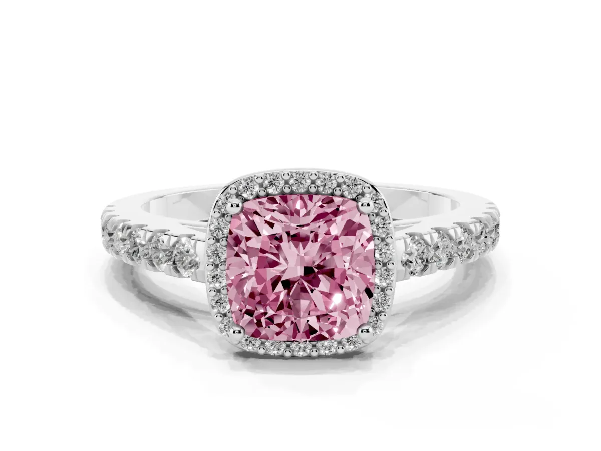 Fancy Pink Cushion Cut Cut Halo Diamond Engagement Ring with Pave Band and Four-Prong Setting Silver