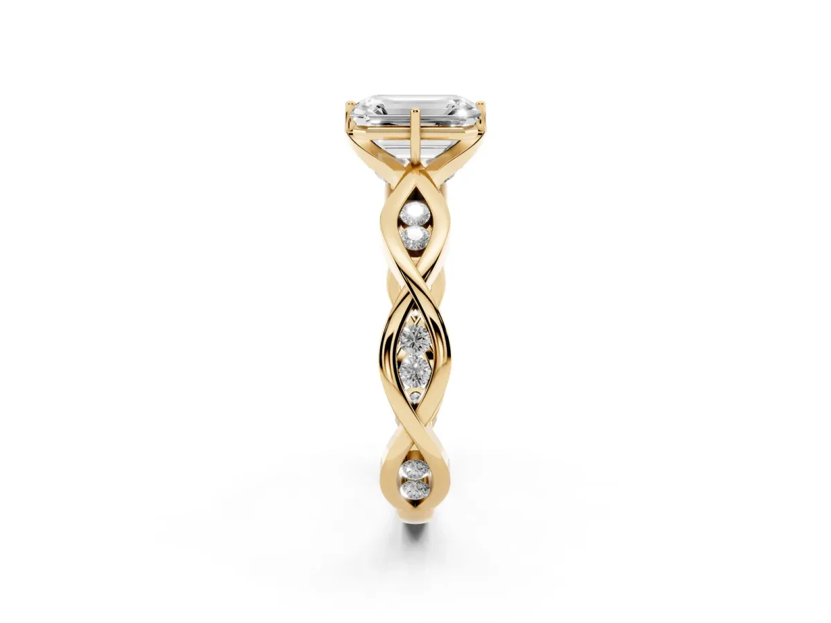 Emerald Cut Solitaire Twist Band with Leaf Prong Setting Yellow gold