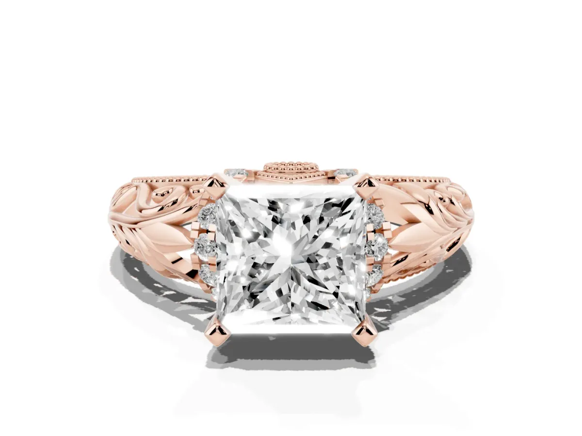 Princess Cut Solitaire Filigree Engagement Ring with Halo and Prong Setting Rose gold