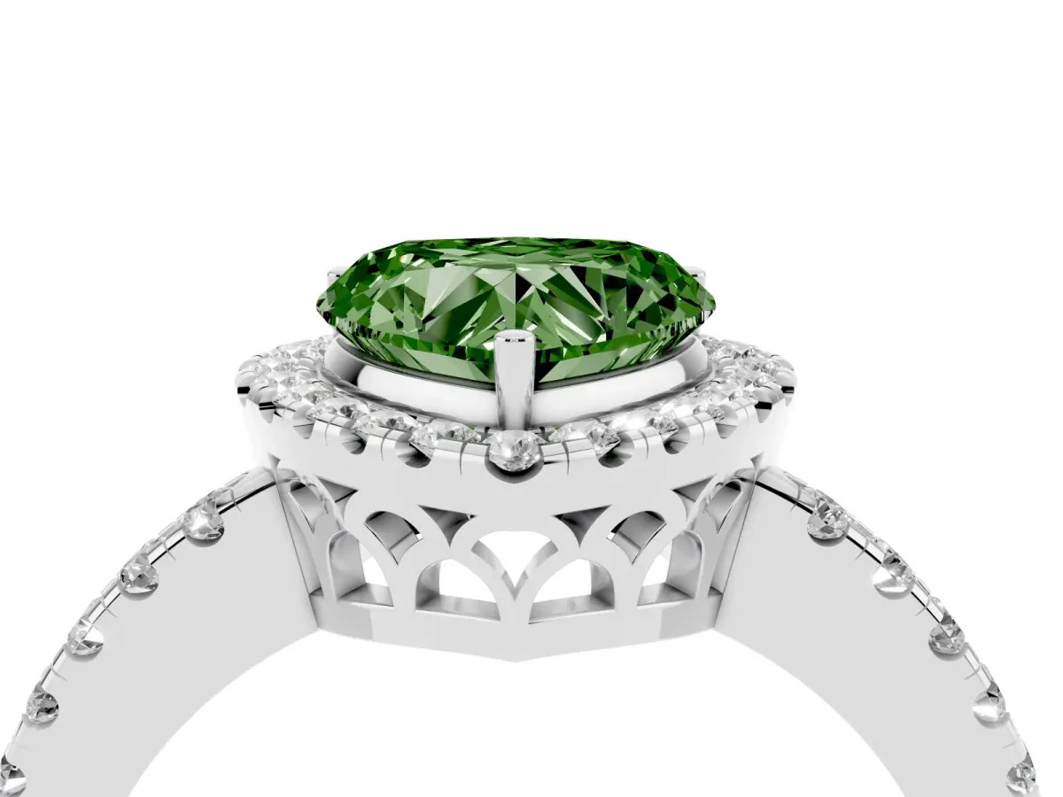 Fancy Green Heart Cut Halo Diamond Engagement Ring with Pavé Band and Four-Prong Setting Platinum