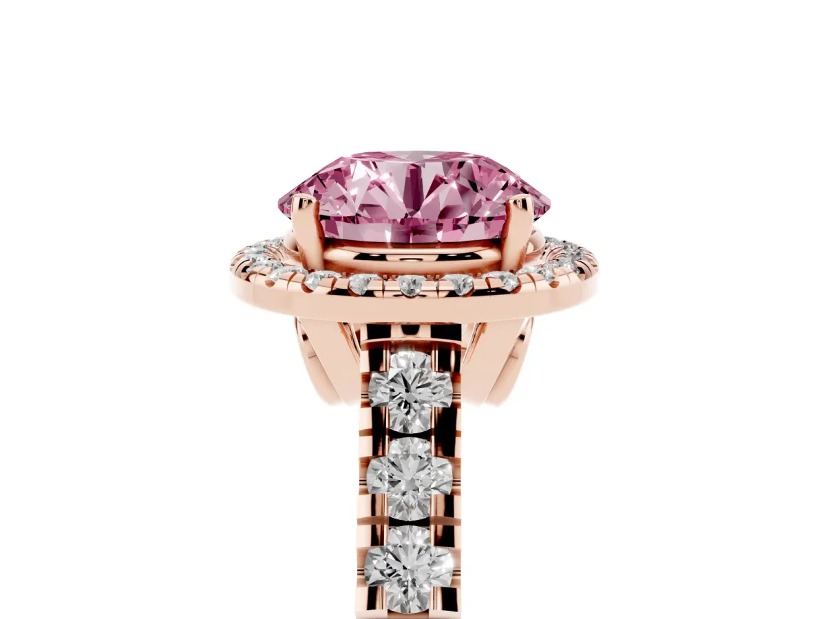 Fancy Pink Round Cut Halo Pavé Diamond Engagement Ring with Four-Prong Setting Rose gold