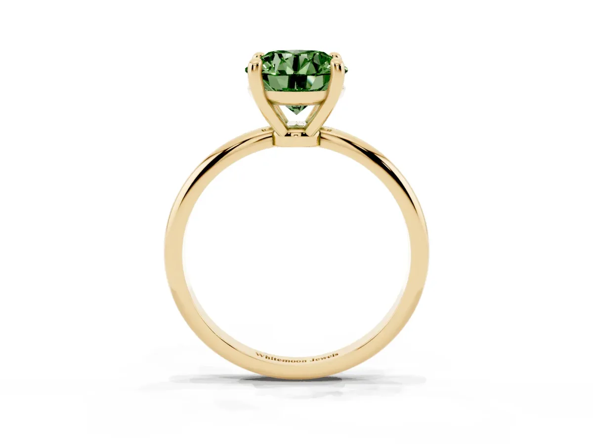 Fancy Green Round Cut Solitaire Diamond Ring with 4-Prong Setting on a Classic Band Yellow gold