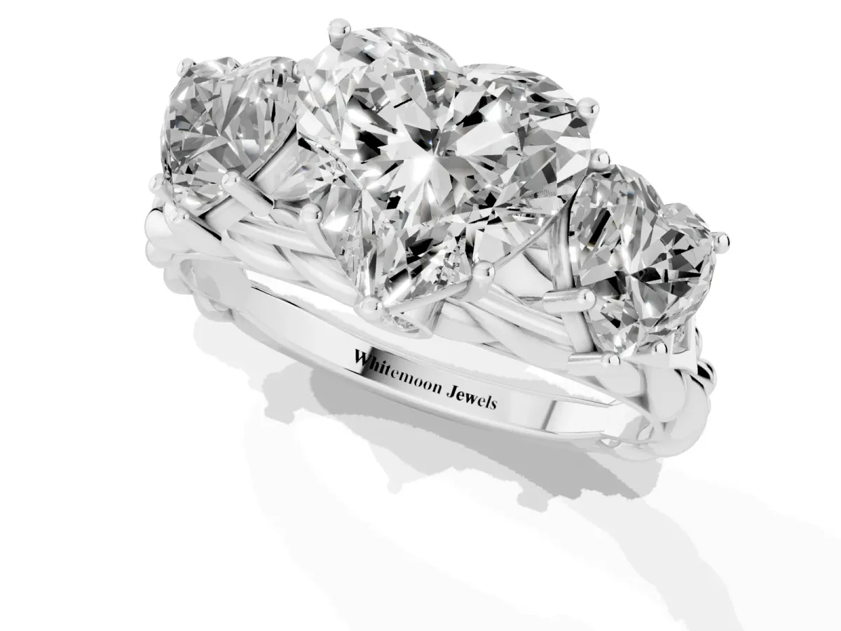 Three-Stone Heart Cut Diamond Braided Band Ring with Four-Prong Setting Platinum