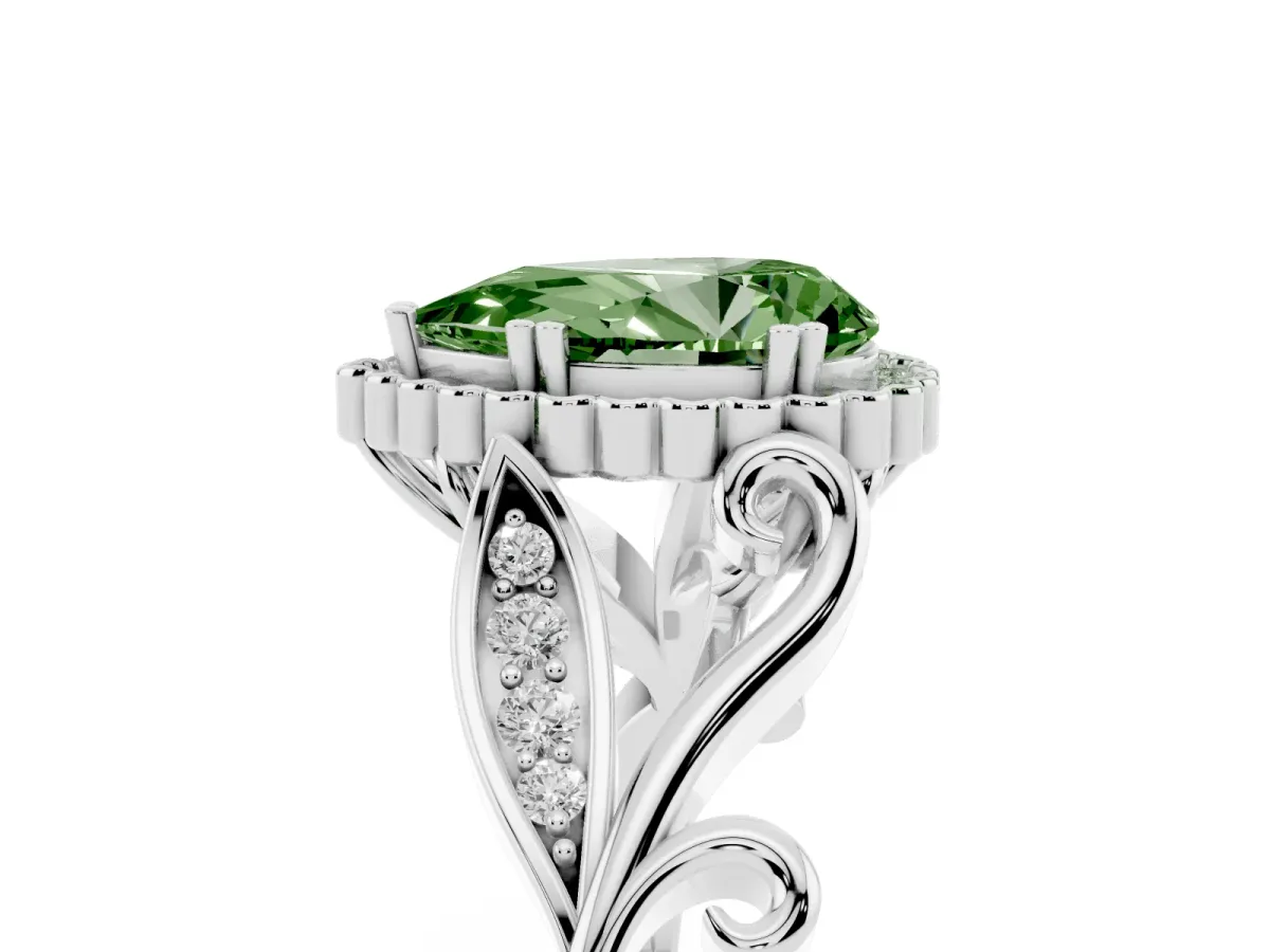 Fancy Green Pear Cut Diamond Halo Ring with Vintage Split Shank and Four-Prong Setting Silver