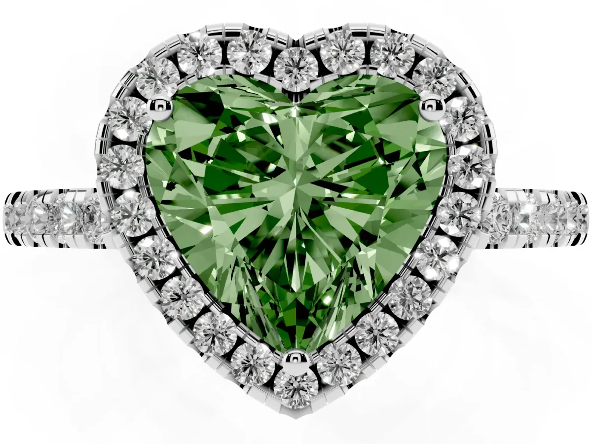 Fancy Green Heart Cut Halo Diamond Engagement Ring with Pavé Band and Four-Prong Setting Platinum