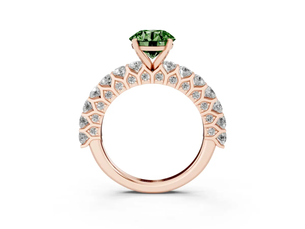 Fancy Green Round Cut Diamond Solitaire Ring with Shared Prong Pavé Band and Four-Prong Setting Rose gold