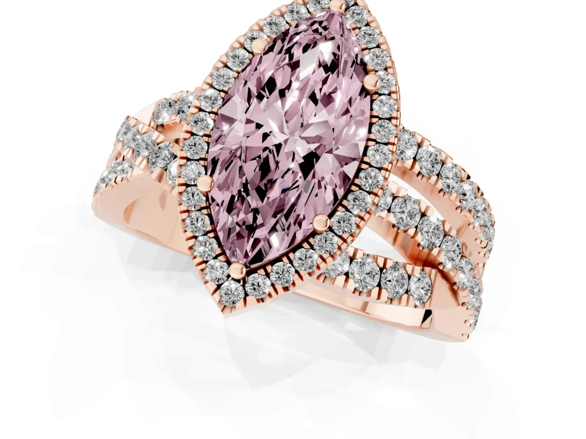 Fancy Pink Marquise Cut Diamond Halo Ring with Round Split Shank and Prong Setting Rose gold