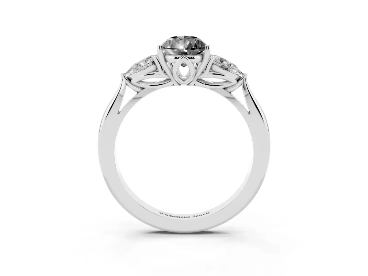 Fancy Black Pear Cut Diamond Three-Stone Ring with Pear Side Stones and Prong Setting Platinum