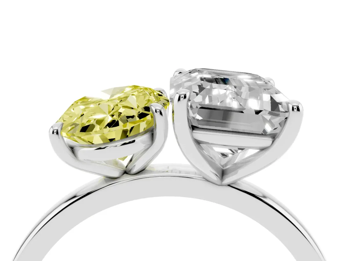 Fancy Yellow Oval Cut and Emerald Cut Toi Moi Ring with Prong Setting Platinum