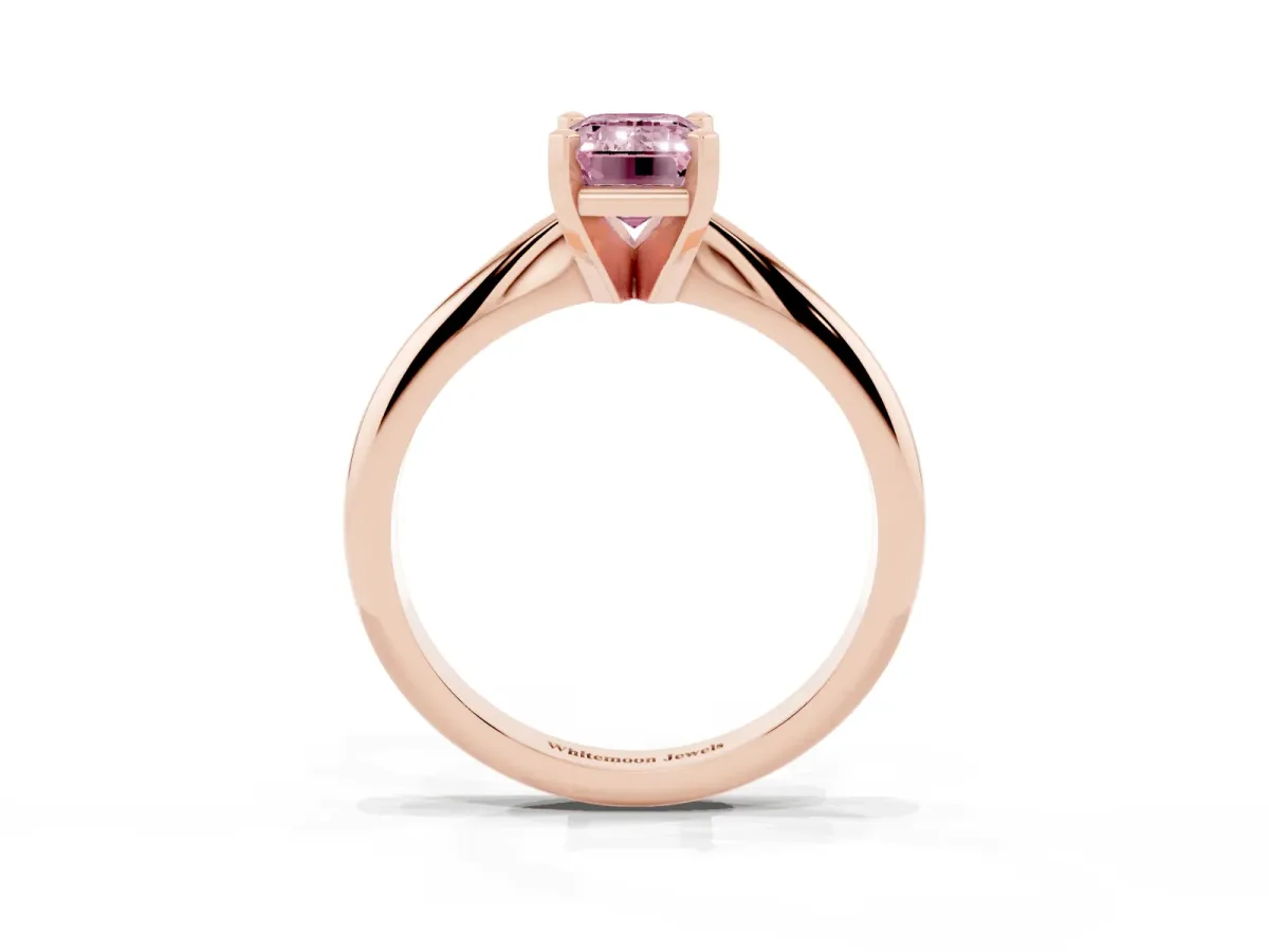 Fancy Pink Emerald Cut Cut Solitaire Ring with Four-Prong Setting on a Classic Band Rose gold