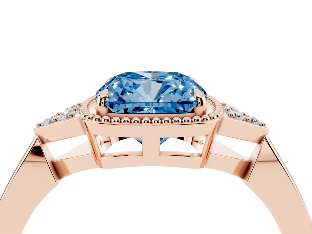 Fancy Blue Cushion Cut Diamond Halo Ring with Tapered Band and Four-Prong Setting Rose gold