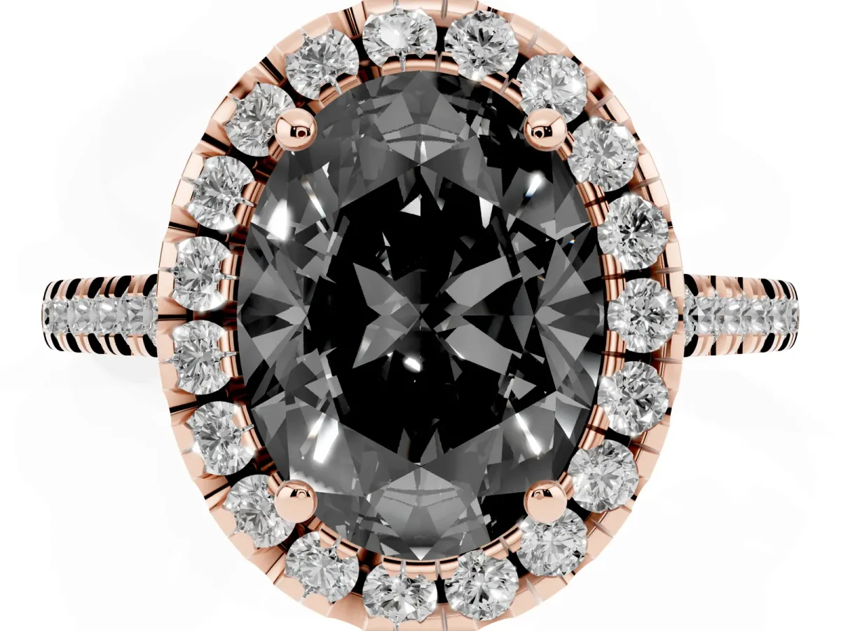 Fancy Black Oval Cut Diamond Cushion Halo Ring with Pavé Band Rose gold