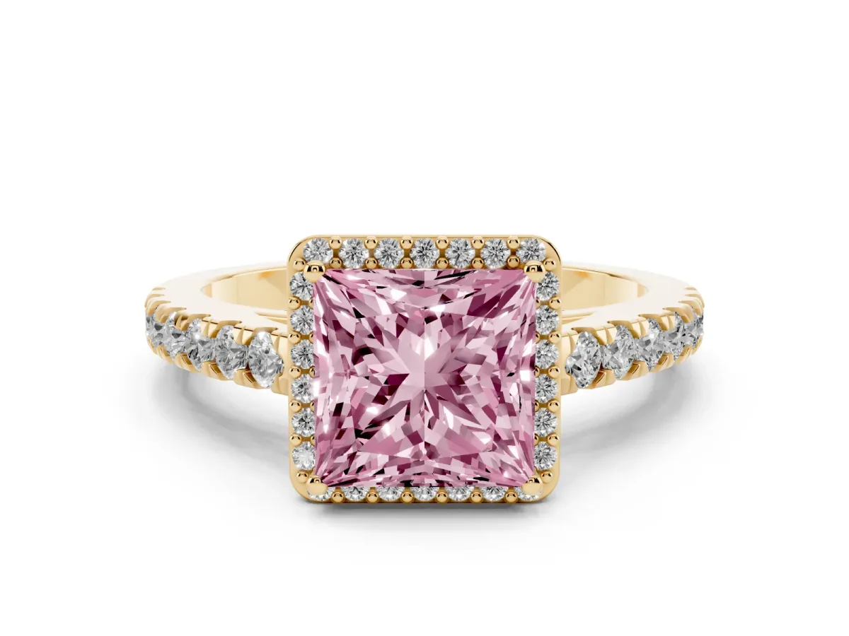 Fancy Pink Princess Cut Cut Halo Diamond Engagement Ring with Pave Band and Four-Prong Setting Yellow gold