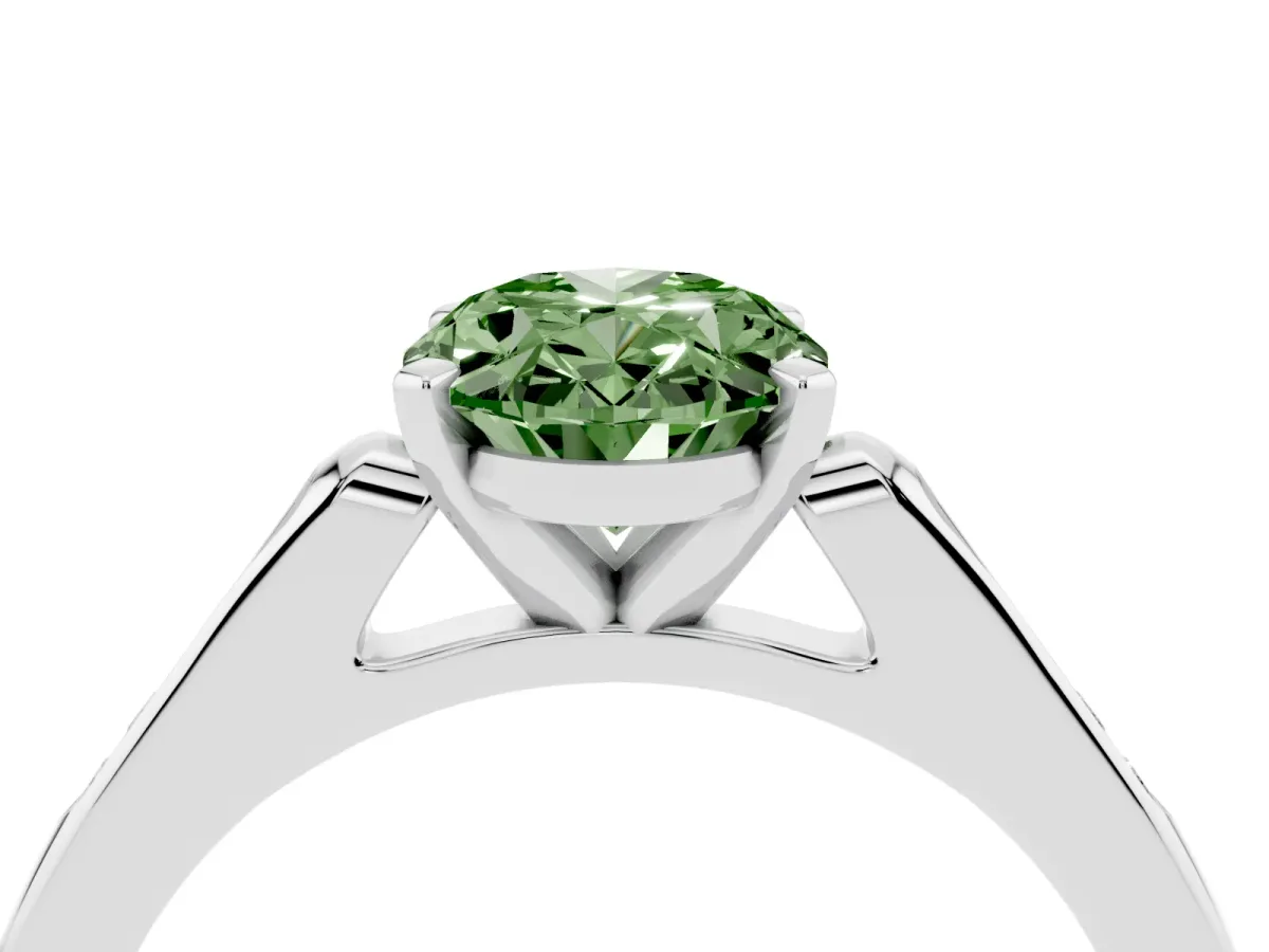 Fancy Green Oval Cut Diamond Solitaire Ring with Channel Set Round Band and Prong Setting Silver