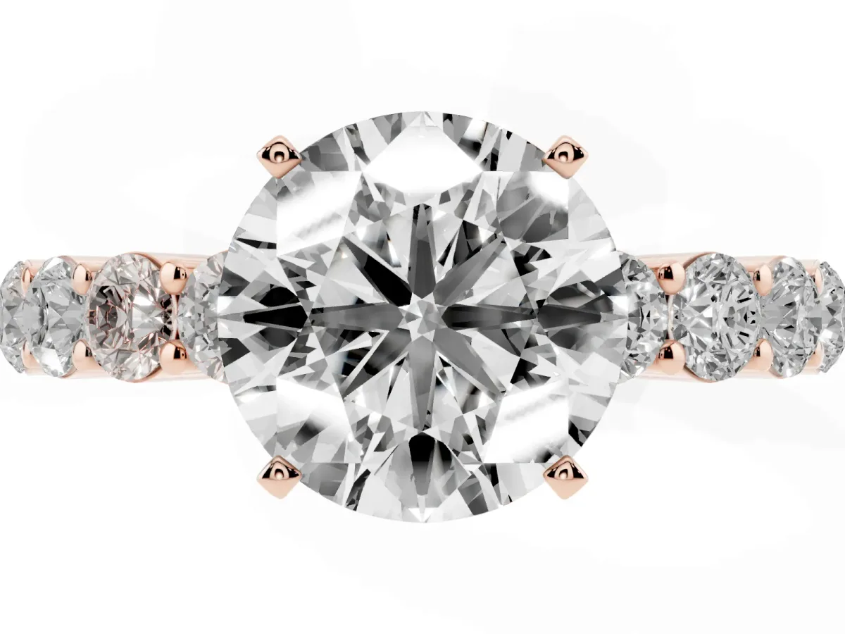 Round Cut Diamond Solitaire Ring with Shared Prong Round Side Stones Rose gold