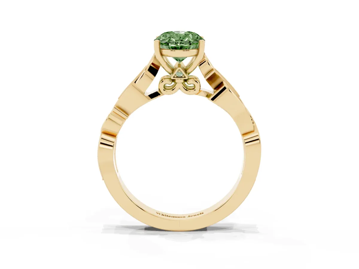 Fancy Green Oval Cut Solitaire Vine Band with Milgrain Prong Setting Yellow gold