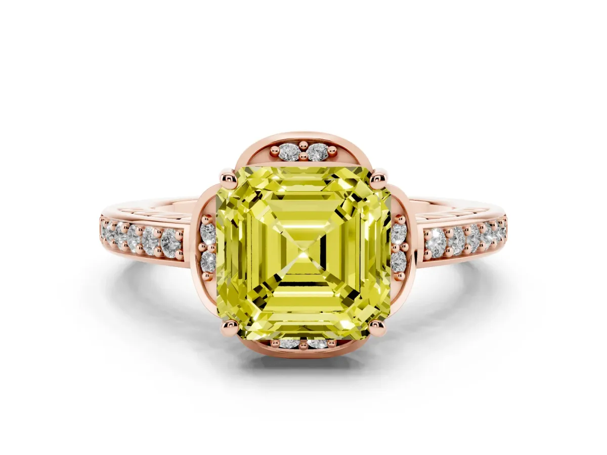 Fancy Yellow Asscher Cut Cut Halo Diamond Ring with Channel Set Band and Four-Prong Setting Rose gold