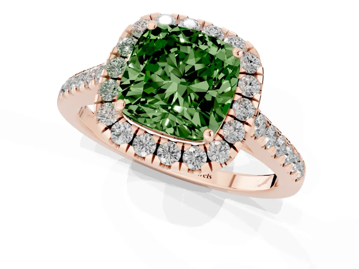 Fancy Green Cushion Cut Halo Pave Diamond Engagement Ring with Four-Prong Setting Rose gold