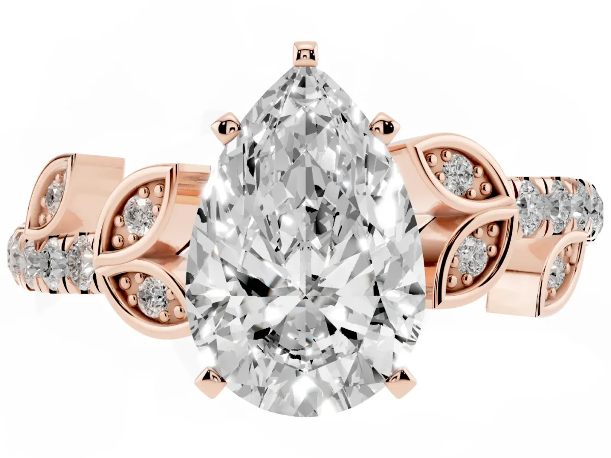Pear Cut Solitaire Leaf-Inspired Diamond Ring with Pavé Band and Four-Prong Setting Rose gold