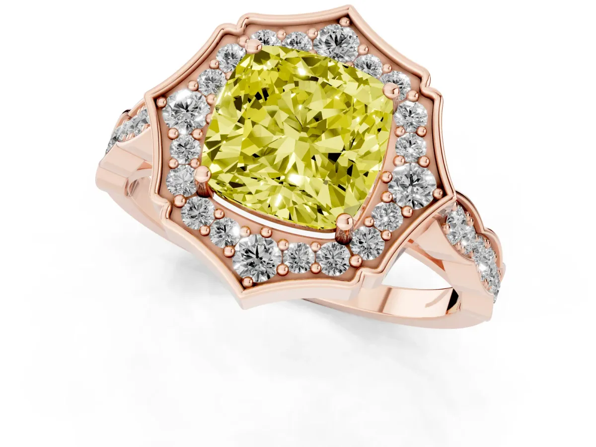 Fancy Yellow Cushion Cut Halo Diamond Engagement Ring with Milgrain Band and Four-Prong Setting Rose gold